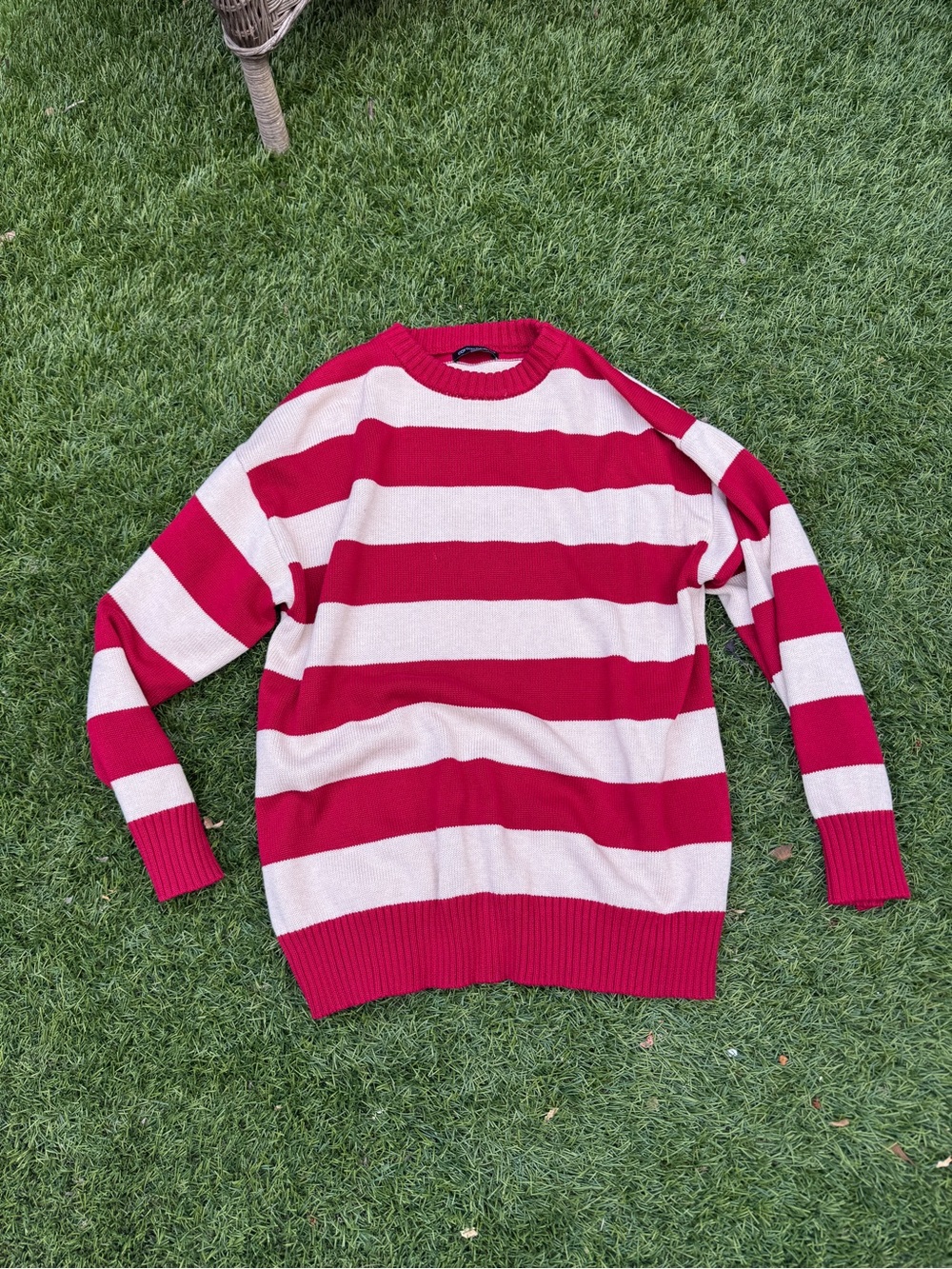Unisex Red and Cream Striped Crewneck Sweater